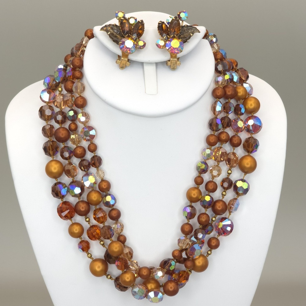 🥰Vtg Beau Jewels AB copper Bronze Multi Strand Necklace & Clip On Earring Set